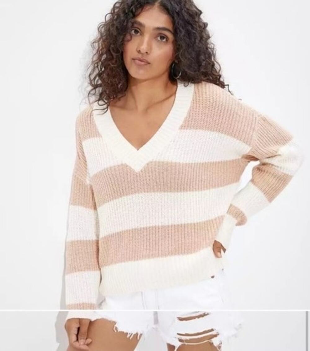 Preppy Knit Pink/Cream Stripes V-Neck Cotton Blend American Eagle Sweater